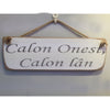 Calon Onest, Calon Lan - hanging wooden sign